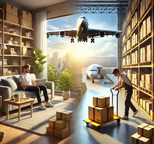 DALL·E 2024-10-29 15.25.10 - A realistic split-screen image illustrating e-logistics with absolutely no airplane, aircraft, or reference to air travel. On the left, a home scene s