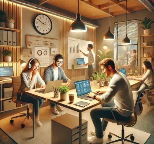 DALL·E 2024-11-14 10.19.15 - An ultra-realistic image of a compact, professional startup workspace from a different angle. The scene shows three team members_ two are working atte